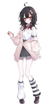 1girl absurdres ahoge alternate_costume animal_ear_headphones animal_ears black_hair black_shoes black_skirt brown_cardigan cardigan cat_ear_headphones cat_ears collared_shirt commentary_request fake_animal_ears full_body headphones highres holding holding_phone leg_warmers long_hair long_sleeves looking_at_viewer mahou_shoujo_no_majo_saiban milmyo multicolored_hair off_shoulder orange_eyes phone pleated_skirt sawatari_coco school_uniform sharp_teeth shirt shoes simple_background skirt smile solo standing streaked_hair teeth white_background white_shirt
