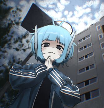 1girl :3 antenna_hair basketball_hoop black_eyes blue_hair building commentary english_commentary fake_halo from_below halo highres jacket long_sleeves looking_at_viewer looking_down mliko444 open_clothes open_jacket original outdoors own_hands_together robot_ears short_hair sky smile solo track_jacket