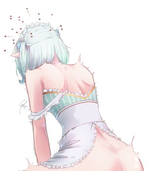 1girl apron ass backless_shirt bottomless commentary densetsu.exe double_strap_slip dress english_commentary facing_away frilled_apron frills from_behind gradient_hair green_hair green_shirt half-heart_hands highres huge_ass implied_sex maid maid_headdress median_furrow mint_fantome mint_fantome_(minto_2.0) multicolored_hair parted_hair pointy_ears shirt short_hair shoulder_blades simple_background solo strap_slip striped_clothes striped_dress syxh trembling twitching vertical-striped_clothes vertical-striped_dress virtual_youtuber waist_apron wavy_hair white_apron white_background white_hair