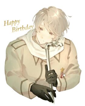 1boy axis_powers_hetalia black_gloves brown_coat closed_mouth coat collared_coat english_text gloves grey_hair half-closed_eyes happy_birthday hashtag-only_commentary highres holding holding_lead_pipe lead_pipe long_sleeves looking_at_viewer male_focus medal purple_eyes russia_(hetalia) s2ppo scarf short_hair simple_background smile solo star_ornament upper_body white_background white_scarf wide_sleeves