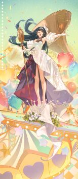 1girl absurdres alternate_costume astra_yao balloon bare_shoulders black_hair border breasts closed_eyes crown daniel_deng dress earrings elbow_gloves full_body gloves hairband heart_balloon high-low_dress highres holding holding_microphone_stand jewelry large_breasts long_hair microphone_stand open_mouth oversized_object partially_fingerless_gloves phonograph shoes solo standing star_balloon white_dress white_gloves white_hairband white_shoes zenless_zone_zero