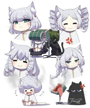 &gt;_&lt; :3 :o absurdres afro alternate_hairstyle anger_vein animal animal_ear_fluff animalization blush cat closed_eyes closed_mouth clothed_animal commentary crying drill_hair frieren green_hair grey_hair hair_between_eyes happy highres j_humbo long_hair mimic mimic_chest purple_eyes saliva scissors sharp_teeth short_hair smile sousou_no_frieren symbol-only_commentary teeth twin_drills ubel_(sousou_no_frieren)