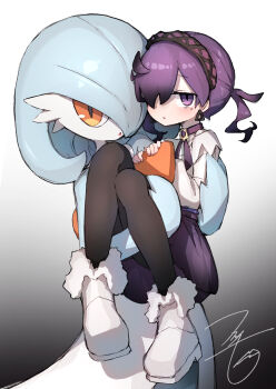 2girls :o absurdres ahoge artist_name black_pantyhose blue_hair blue_skin blush bob_cut boots carrying colored_skin earrings female_focus fold-over_boots fukutchi fur-trimmed_boots fur_trim gardevoir gen_3_pokemon gradient_background grey_background hair_over_one_eye hairband hands_up harmony_(pokemon) highres jewelry knees_together_feet_apart light_blush long_sleeves looking_at_viewer medium_hair multicolored_skin multiple_girls neck_ribbon nintendo one_eye_covered open_mouth orange_eyes pantyhose pokemon pokemon_(creature) pokemon_legends:_z-a princess_carry purple_hair purple_hairband purple_ribbon purple_skirt ribbon shirt short_hair signature simple_background skirt standing triangle_earrings twintails two-tone_skin white_boots white_shirt white_skin