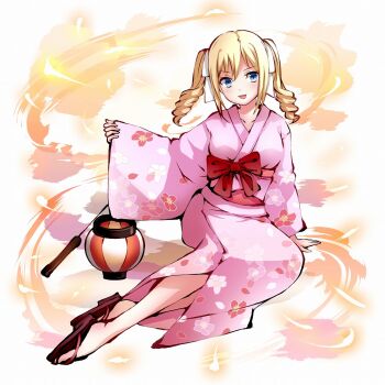 1girl angelina_kudou_shields arm_support blonde_hair blue_eyes blush bow breasts crossover drill_hair full_body geta hair_between_eyes hair_ribbon himegami_kagura japanese_clothes kimono lantern large_breasts long_hair looking_at_viewer mahouka_koukou_no_rettousei obi official_art open_mouth paper_lantern red_bow ribbon sash second-party_source sidelocks simple_background sitting smile solo twin_drills twintails v-shaped_eyebrows white_background white_ribbon yukata