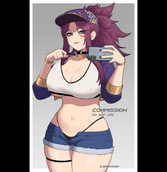 1girl akali asymmetrical_legwear baseball_cap bracelet breasts choker cleavage crop_top cropped_jacket hat highres holding holding_phone idol jacket jewelry k/da_(league_of_legends) k/da_akali k3nnyn3v league_of_legends midriff navel open_clothes panties phone ponytail purple_hair selfie solo taking_picture underboob underwear undressing uneven_legwear