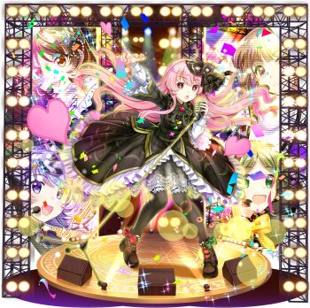 1girl ahoge alternate_costume black_bow black_bowtie black_dress black_thighhighs boots bow bowtie brown_boots confetti dress eye_mask footwear_bow full_body game_cg green_bow hata_no_kokoro hata_no_kokoro_(noh_artist_of_song_and_dance) heart highres holding holding_microphone_stand index_finger_raised lace lace-trimmed_dress lace_trim layered_sleeves long_hair long_sleeves looking_at_viewer magic_circle mask mask_on_head microphone_stand nishida_satono official_art open_mouth pink_eyes pink_hair red_bow rotte_(1109) solo sparkle stage stage_lights teireida_mai thighhighs third-party_source touhou touhou_lostword transparent_background tsukumo_benben tsukumo_yatsuhashi very_long_hair wide_sleeves