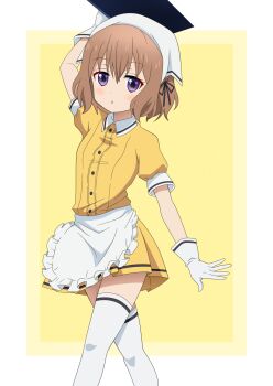 1girl apron arm_up blend_s border brown_hair collared_dress commentary dress feet_out_of_frame flat_chest gloves headscarf highres holding holding_tray hoshikawa_mafuyu light_blush looking_at_viewer official_style outside_border parted_lips purple_eyes riokasen short_hair solo standing stile_uniform thighhighs tray waist_apron walking white_apron white_border white_gloves white_headscarf white_thighhighs yellow_background yellow_dress