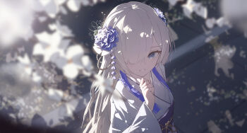 1girl absurdres blue_eyes blue_hair commentary_request flower from_above hair_flower hair_ornament hair_over_one_eye highres isekaijoucho japanese_clothes kamitsubaki_studio kimono looking_at_viewer multicolored_hair riai_kurumi smile solo two-tone_hair virtual_youtuber white_flower white_hair white_kimono