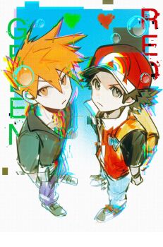 Rule 34 | 2boys, abstract background, absurdres, blue oak, brown hair, brown shoes, character name, chromatic aberration, closed mouth, fiy1827565, from above, frown, hat, highres, looking up, male focus, multiple boys, nintendo, orange eyes, orange hair, pants, pokemon, pokemon frlg, purple pants, red (pokemon), red hat, serious, shoes, short hair, standing, yellow bag