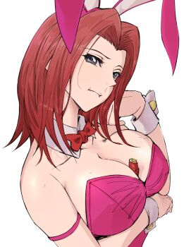 1girl :t animal_ears arm_strap bare_shoulders between_breasts blue_eyes bow bowtie breast_hold breasts cleavage clenched_hand closed_mouth code_geass commentary detached_collar expressionless fake_animal_ears half-closed_eyes head_tilt highres kouzuki_kallen large_breasts leotard looking_at_viewer neck official_alternate_costume pink_arm_strap pink_leotard playboy_bunny rabbit_ears red_bow red_bowtie red_hair shan_laotou short_hair simple_background solo strapless strapless_leotard upper_body white_background wrist_cuffs