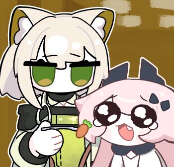 2girls absurdres amedrama animal_ears arknights carrot cat_ears cat_girl commentary dress fork green_dress green_eyes highres holding holding_fork kal&#039;tsit_(arknights) korean_commentary long_hair multiple_girls no_mouth open_mouth photo-referenced pink_hair short_hair theresa_(arknights)