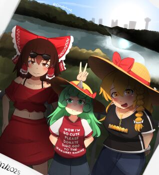 2025 3girls artist_name blonde_hair blush bow braid cloudykeyz commentary curly_hair day english_commentary english_text frilled_bow frilled_hair_tubes frills green_eyes green_hair hair_bow hair_tubes hakurei_reimu hat highres horns kirisame_marisa komainu_girl komano_aunn long_hair multiple_girls open_mouth outdoors price_tag red_bow short_hair single_braid single_horn sun_hat touhou yellow_eyes