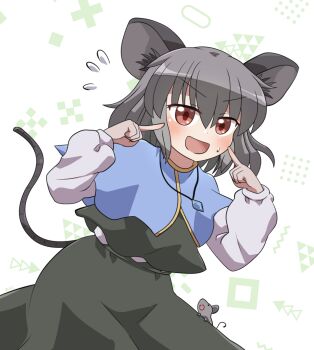 1girl ;d animal_ears black_dress blue_capelet blush capelet commentary_request cowboy_shot dress flying_sweatdrops grey_hair hair_between_eyes highres jewelry long_sleeves looking_at_viewer mouse_ears mouse_girl mouse_tail nazrin necklace one_eye_closed open_mouth pointing pointing_at_self red_eyes rokugou_daisuke short_hair signature smile solo tail touhou v-shaped_eyebrows