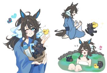 1girl ahoge alternate_costume animal_ears babie blue_eyes blush breasts bucket daring_tact_(umamusume) full_body hair_ornament heart highres horse horse_girl one_eye_closed open_mouth rubber_duck shampoo_bottle simple_background smile solo star_(symbol) star_hair_ornament umamusume