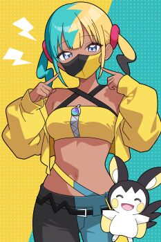 1girl :d ^_^ absurdres aqua_background aqua_hair aqua_pants black_hair black_mask black_pants blonde_hair blue_eyes canari_(pokemon) closed_eyes creature_request dark-skinned_female dark_skin emolga gen_5_pokemon highres jacket looking_at_viewer mask mouth_mask navel nintendo odorukaminoke open_mouth pants pokemon pokemon_(creature) pokemon_legends:_z-a polka_dot polka_dot_background smile sports_bra standing twintails two-tone_mask two-tone_pants yellow_background yellow_jacket yellow_mask yellow_sports_bra