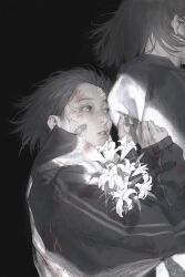 Rule 34 | 2girls, absurdres, bandaid, bandaid on cheek, bandaid on face, black background, blood, blood on clothes, blood on face, blood on hands, bouquet, chinese commentary, clothes grab, collared jacket, commentary request, flower, greyscale, height difference, high collar, highres, holding, holding bouquet, jacket, jacket grab, jersey, l-yinn, lily (flower), lips, long sleeves, looking at another, monochrome, multiple girls, original, parted lips, puffy long sleeves, puffy sleeves, realistic, short hair, simple background, sleeves past wrists, solo focus, spot color, tearing up, teeth, upper body