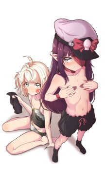 2girls :t ankle_socks bare_arms bare_legs barefoot black_bloomers black_nails black_socks blonde_hair bloomers blush blush_stickers bow bow_bloomers bow_camisole bow_panties camisole closed_mouth covering_breasts covering_privates eyepatch fallenshadow fingernails flat_chest foreshortening from_above full_body grey_eyes hat hat_bow highres holding holding_unworn_clothes indie_virtual_youtuber inis_(vtuber) loli long_fingernails long_hair looking_at_viewer looking_up multiple_girls navel no_pants no_shoes one_eye_covered panties pettan_(zeez4743) pointy_ears polka_dot polka_dot_panties pout purple_hair purple_nails red_bow shadow sharp_fingernails short_hair simple_background sitting smile socks spaghetti_strap standing stomach straight_hair topless_female two-tone_camisole underwear virtual_youtuber wariza white_background white_hat white_panties