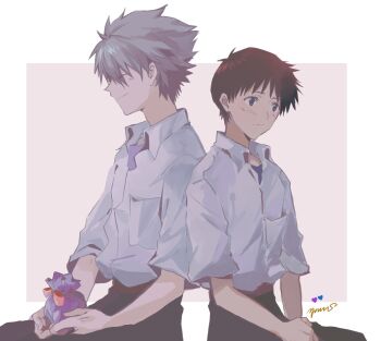 Rule 34 | 2boys, back-to-back, black hair, black pants, blue shirt, breast pocket, closed mouth, collared shirt, commentary, grey hair, heart, height difference, highres, holding, holding sack, ikari shinji, light blush, male focus, multiple boys, nagisa kaworu, neon genesis evangelion, pants, pocket, purple shirt, sack, shirt, shirt tucked in, short hair, short sleeves, signature, sitting, smile, symbol-only commentary, undershirt, white shirt, yorumi1117
