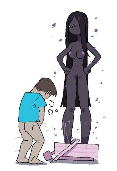 1boy 1girl ass barefoot black_hair blue_shirt boat brown_hair completely_nude cum dark-skinned_female dark_skin enderman feet_out_of_frame from_behind full_body hair_over_one_eye hands_on_own_hips long_hair looking_at_another masturbation minecraft nipples no_mouth no_pants nude oar personification pubic_hair purple_eyes ribs sakanagaru shirt short_hair skinny steam steve_(minecraft) stomach stuck tall_female watercraft white_background