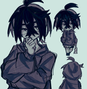 1boy chibi colored_inner_hair crossed_bangs greyscale_with_colored_background hair_between_eyes hairband hand_on_own_chin hand_up highres hood hood_down hoodie kieran_(pokemon) long_sleeves male_focus monochrome multicolored_hair multiple_views nintendo pokemon pokemon_sv short_hair shorts solo titara_1230 two-tone_hair upper_body