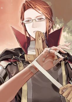 1boy brown_gloves commentary_request fire_emblem fire_emblem_awakening glasses glove_in_mouth gloves highres laurent_(fire_emblem) male_focus mouth_hold nintendo o-ring popped_collar red_eyes red_hair solo tsujii_luki