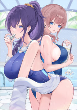 3girls alternate_breast_size_(larger) arm_support asahina_mafuyu ass asymmetrical_sidelocks back_cutout bare_arms blowing_whistle blue_eyes blue_one-piece_swimsuit blunt_bangs blush breasts brown_hair clipboard closed_eyes clothing_cutout commentary_request competition_swimsuit cowboy_shot dot_nose from_side goggles goggles_around_neck hair_between_eyes hair_ornament hair_over_shoulder hair_scrunchie hand_up hands_up high_ponytail highres holding holding_clipboard huge_breasts indoors innertube jacket large_breasts leaning_forward long_hair long_sleeves looking_at_viewer mochizuki_honami multiple_girls off_shoulder one-piece_swimsuit one_eye_closed open_mouth orange_scrunchie palm_leaf partially_unzipped ponytail pool poolside project_sekai purple_eyes purple_hair racerback scrunchie side_ponytail sideboob sidelocks standing swim_goggles swim_ring swimsuit thighs usagi_melon3 wet whistle whistle_around_neck white_hair white_jacket yoisaki_kanade