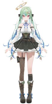 1girl absurdres bare_shoulders black_boots black_skirt boots bow breasts center_frills charon_universe closed_mouth collared_shirt detached_sleeves fishnet_thighhighs fishnets frilled_skirt frills full_body garter_straps gradient_hair green_hair hair_bow halo highres kiyu_(charon_universe) knee_boots large_breasts long_hair long_sleeves looking_at_viewer modare multicolored_hair official_art red_eyes shirt single_garter_strap single_thighhigh skirt sleeveless sleeveless_shirt solo streaked_hair tachi-e thighhighs thighs transparent_background twintails two-tone_hair underbust very_long_hair virtual_youtuber white_shirt