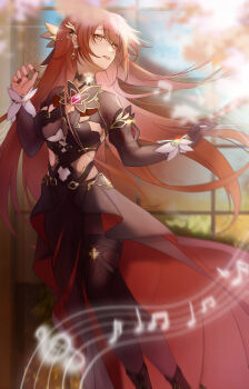 1girl absurdres akashin black_dress black_gloves black_pantyhose breasts cleavage_cutout clothing_cutout commentary_request dress earrings eden_(honkai_impact) gloves highres honkai_(series) honkai_impact_3rd jewelry large_breasts long_hair musical_note pantyhose side_cutout single_glove solo very_long_hair window yellow_eyes