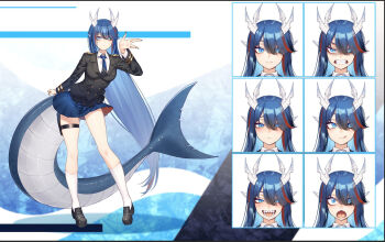 Rule 34 | 1girl, blazer, blue eyes, blue skirt, clenched teeth, cluseller, dragon girl, dragon horns, dragon tail, hair over one eye, highres, horns, indie virtual youtuber, jacket, long hair, looking at viewer, multicolored hair, multiple expressions, necktie, open mouth, red eyes, red skirt, sharp teeth, skirt, streaked hair, tail, teeth, two-sided fabric, two-sided skirt, very long hair