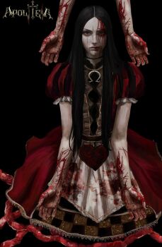1girl absurdres alice:_madness_returns alice_liddell_(american_mcgee's_alice) american_mcgee's_alice bags_under_eyes black_eyes black_hair dress guro gw4ll1 hair_over_shoulder hashtag-only_commentary highres intestines long_hair looking_at_viewer narrowed_eyes organs puffy_sleeves self-harm serious sitting straight-on straight_hair wariza wrist_cutting