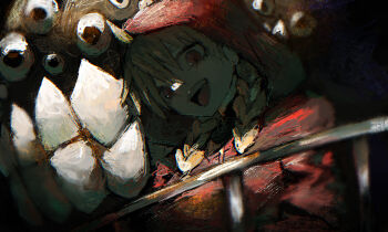 1girl absurdres blonde_hair braid commentary_request dress extra_eyes eyebrows_hidden_by_hair gabriel_(yomi_no_tsugai) gabu_(yomi_no_tsugai) hair_between_eyes highres hood hood_up long_hair looking_at_viewer monster open_mouth railing red_dress red_eyes red_hood standing teeth twin_braids upper_teeth_only yo_mi_chi000 yomi_no_tsugai
