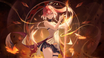 1girl absurdres bare_shoulders bilingual_commentary black_collar black_skirt braid breasts changli_(wuthering_waves) collar commentary cowboy_shot dress english_commentary hair_between_eyes hair_extensions hair_ornament highres medium_breasts mixed-language_commentary multicolored_hair no_jacket parted_lips pink_hair ring_hair_extensions ryui_eu skirt smile solo sword thigh_strap twin_braids two-tone_hair weapon white_dress white_hair wuthering_waves