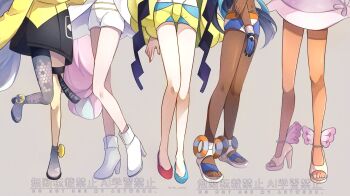 5girls bikini black_hair blue_hair blue_shorts boots coat dark-skinned_female dark_skin diantha_(pokemon) dress elesa_(pokemon) fur_coat fur_jacket gloves grey_pantyhose hexagon_print high_heel_boots high_heels highres iono_(pokemon) jacket jumpsuit legs long_hair long_sleeves lower_body multicolored_hair multiple_girls navel nessa_(pokemon) nintendo oversized_clothes pantyhose pink_hair pokemon pokemon_bw pokemon_bw2 pokemon_sv pokemon_swsh pokemon_xy purple_dress sandals shoes shorts sidelocks single_glove single_leg_pantyhose sleeves_past_fingers sleeves_past_wrists split-color_hair swimsuit tankini tulip_(pokemon) two-tone_hair white_boots white_coat white_dress white_jumpsuit white_shorts wings yellow_coat yellow_jacket yellow_shorts yomogi_(black-elf)