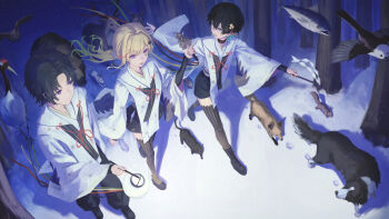 Rule 34 | animal, aqua hair, black hair, commentary request, dog, fish, fox, hair ornament, long hair, long sleeves, multicolored hair, official art, outdoors, purple eyes, red ribbon, ribbon, short hair, squirrel, star (symbol), star hair ornament, thighhighs, tokaki, wide sleeves