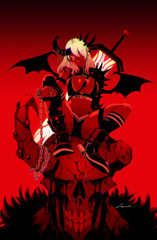 1girl absurdres adidas artist_name boots chain chromatic_aberration closed_mouth clothes_writing colored_sclera commentary demon_girl demon_wings earrings english_commentary glowing glowing_eyes godtail gradient_background head_tilt highres huge_weapon jewelry long_hair looking_at_viewer original red_background red_sclera red_theme solo spike_(godtail) sword sword_on_back weapon weapon_on_back wings