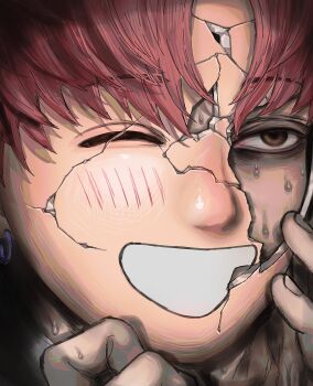 1boy arms_up blush brown_eyes crack cracked_kawaii_mask cracked_mask dandadan dr.k_(doctorkodok) earrings empty_eyes enjoji_jin grin highres jewelry male_focus mask one_eye_closed piercing pink_hair portrait smile solo sweat teeth