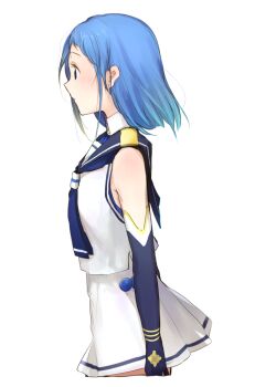 1girl alternate_hair_length alternate_hairstyle black_sailor_collar blue_eyes blue_hair blue_neckerchief blush closed_mouth elbow_gloves from_side gloves gradient_hair kantai_collection medium_hair multicolored_hair myuu_(hellomagic) neckerchief profile sailor_collar samidare_(kancolle) school_uniform serafuku simple_background skirt sleeveless solo white_background white_skirt