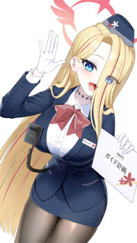 1q_(madoromi_minority) :d \|||/ black_pantyhose blonde_hair blue_archive blue_eyes blue_hat blue_jacket blue_skirt bow bowtie breasts buttons collared_shirt commentary curtained_hair dress_shirt eyes_visible_through_hair fang garrison_cap gloves gradient_halo hair_over_one_eye halo hand_up hat holding holding_sign jacket large_breasts leaning_forward long_hair long_sleeves multicolored_hair multicolored_halo name_tag neck_tattoo official_alternate_costume open_hand open_mouth pantyhose pencil_skirt pina_(blue_archive) pina_(guide)_(blue_archive) red_bow red_bowtie red_halo red_streaks shirt sign simple_background skin_fang skirt smile streaked_hair tattoo tour_guide walkie-talkie waving white_background white_gloves white_shirt winged_halo