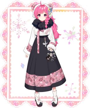 Rule 34 | 1girl, absurdres, ahoge, bag, boots, braid, closed mouth, commentary request, copyright request, full body, fur-trimmed sleeves, fur trim, hanbok, highres, holding, holding bag, korean clothes, korean commentary, kutata, long hair, long sleeves, looking at viewer, pink hair, purple eyes, sleeves past wrists, smile, solo, standing, very long hair, white boots