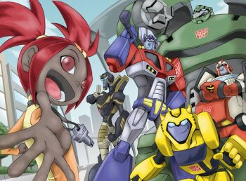 1girl 5boys android autobot blue_eyes bulkhead bumblebee dark_skin dress grin hair_ornament hairclip humanoid_robot kamizono_(spookyhouse) machine machinery mecha multiple_boys ninja open_mouth optimus_prime police prowl_(transformers) ratchet_(transformers) red_eyes red_hair robot sari_sumdac science_fiction short_twintails smile transformers transformers_animated twintails weapon