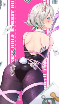 1girl absurdres alternate_costume ass blush card cecilia_immergreen commission commissioner_upload doll doll_joints green_hair highres hololive hololive_english joints money non-web_source otomo_(cecilia_immergreen) pink_ribbon playboy_bunny pole rabbit_hole_(vocaloid) rabbit_tail ribbon solo source_request stripper_pole tail takoroki tucked_money virtual_youtuber vocaloid white_hair