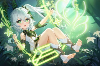 1girl :d absurdres bare_shoulders bloomers bracelet chinese_commentary commentary_request detached_sleeves dress flower from_side full_body genshin_impact green_eyes hair_between_eyes hair_ornament highres jewelry leaf_hair_ornament light_blush looking_at_viewer lopy nahida_(genshin_impact) on_swing open_mouth outstretched_arm pointy_ears side_ponytail sitting sleeveless sleeveless_dress smile solo star-shaped_pupils star_(symbol) stirrup_legwear swing swinging_on_swing symbol-shaped_pupils toeless_legwear toes underwear white_bloomers white_dress white_flower white_hair