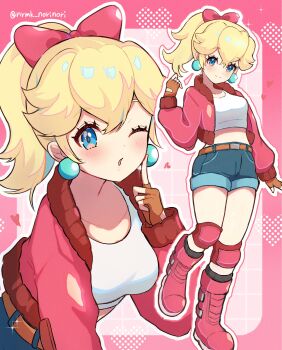 1girl absurdres black_socks blonde_hair blue_eyes blush boots bow breasts closed_mouth collarbone cropped_shirt denim denim_shorts earrings fingerless_gloves gloves hair_bow heart highres jacket jewelry knee_pads long_hair looking_at_viewer mario_(series) mario_kart mario_kart_world medium_breasts midriff nintendo norimaki_(nrmk_norinori) one_eye_closed open_clothes open_jacket parted_lips pink_boots pink_bow pink_jacket ponytail princess_peach princess_peach_(touring) shirt short_shorts shorts smile socks sphere_earrings white_shirt