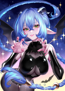 1girl artist_name bare_shoulders bat_(animal) black_leotard black_pantyhose blue_hair breasts cleavage_cutout clothing_cutout commentary demon_horns demon_wings highres horns image_sample large_breasts leotard long_hair lucia_elowen pantyhose patreon_sample pointy_ears ringeko-chan smile solo star_(symbol) very_long_hair wings yellow_eyes zenless_zone_zero