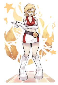 1girl bare_shoulders belt black_belt blonde_hair boots breasts cleavage collarbone collared_shirt commission crop_top elbow_gloves gloves go-rock_squad go-rock_squad_grunt_(pokemon) highres midriff mixed-language_commentary nintendo open_mouth pixiv_commission pokemon pokemon_ranger_(series) pokemon_ranger_1 ragou2niko shirt short_hair skirt sleeveless sleeveless_shirt smile solo standing tinted_eyewear variant_set white_boots white_gloves white_shirt white_skirt yellow-tinted_eyewear