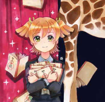 1girl black_jacket black_skirt blonde_hair book closed_mouth collared_shirt commentary curtains daiba_nana dress_shirt giraffe_(revue_starlight) green_eyes hair_between_eyes highres holding holding_book jacket kyaku_tasu long_sleeves looking_at_viewer script seishou_music_academy_uniform shirt short_hair short_twintails shoujo_kageki_revue_starlight skirt smile sparkle split_mouth stage_curtains sticky_note too_many too_many_books twintails upper_body white_shirt