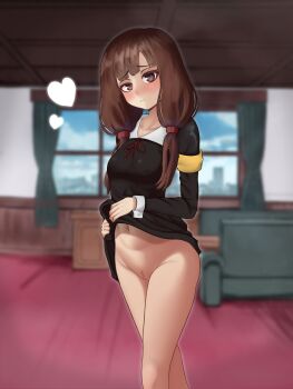1girl armband black_dress blurry blurry_background blush breasts brown_eyes brown_hair censored cleft_of_venus clothes_lift couch covered_erect_nipples desk dress dress_lift feet_out_of_frame frown heart highres iino_miko indoors kaguya-sama_wa_kokurasetai_~tensai-tachi_no_renai_zunousen~ long_hair long_sleeves low_twintails moriforests mosaic_censoring navel neck_ribbon no_panties pussy red_ribbon ribbon school_uniform shuuchiin_academy_school_uniform small_breasts twintails window yellow_armband