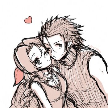 1boy 1girl aerith_gainsborough bare_shoulders braid braided_ponytail cheek-to-cheek choker couple crisis_core:_final_fantasy_vii dress earrings final_fantasy final_fantasy_vii final_fantasy_vii_remake hair_ribbon heads_together heart hetero jewelry long_hair looking_at_viewer noi_(noi28224) one_eye_closed parted_bangs pink_dress pink_ribbon ponytail puckered_lips ribbed_sweater ribbon short_hair simple_background sleeveless sleeveless_dress sleeveless_turtleneck spiked_hair stud_earrings sweater turtleneck turtleneck_sweater twitter_username upper_body white_background zack_fair