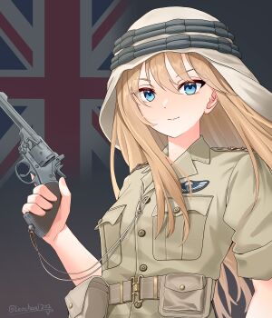 1girl absurdres ammunition_pouch artist_name belt blonde_hair blue_eyes break-action_revolver breast_pocket brown_belt brown_jacket closed_mouth commentary flag_background gun handgun highres holding holding_gun holding_weapon jacket lanyard leochan1202 long_hair looking_at_viewer military military_uniform original pocket pouch revolver smile trigger_discipline union_jack upper_body weapon webley_revolver world_war_ii