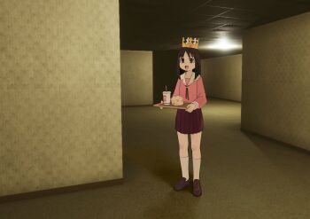 Rule 34 | 1girl, 3d background, azumanga daiou, backrooms (creepypasta), brown eyes, brown hair, brown shoes, burger king, crown, cup, disposable cup, drink, drinking straw, dundundun, female focus, flat chest, food, food wrapper, full body, happy, highres, holding, holding drink, holding food, holding tray, indoors, kasuga ayumu, long hair, looking at viewer, matching hair/eyes, miniskirt, neck ribbon, open mouth, paper crown, pink shirt, pleated skirt, red ribbon, red skirt, ribbon, sailor collar, school uniform, serafuku, shirt, shoes, sidelocks, skirt, smile, socks, solo, standing, teeth, tile roof, tray, white sailor collar, white socks, yellow background, yellow crown